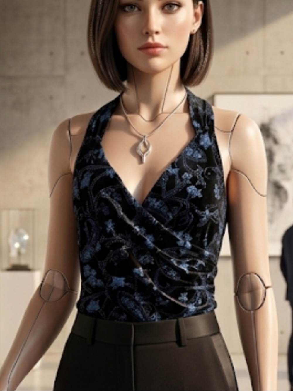 Studio Black Sleeveless Wrap Camisole with Blue Paisley Velvet Print